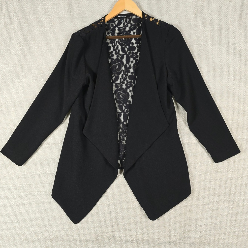 Relativity‎ Womens Black Lace Back Open Front Draped Blazer Jacket Size M